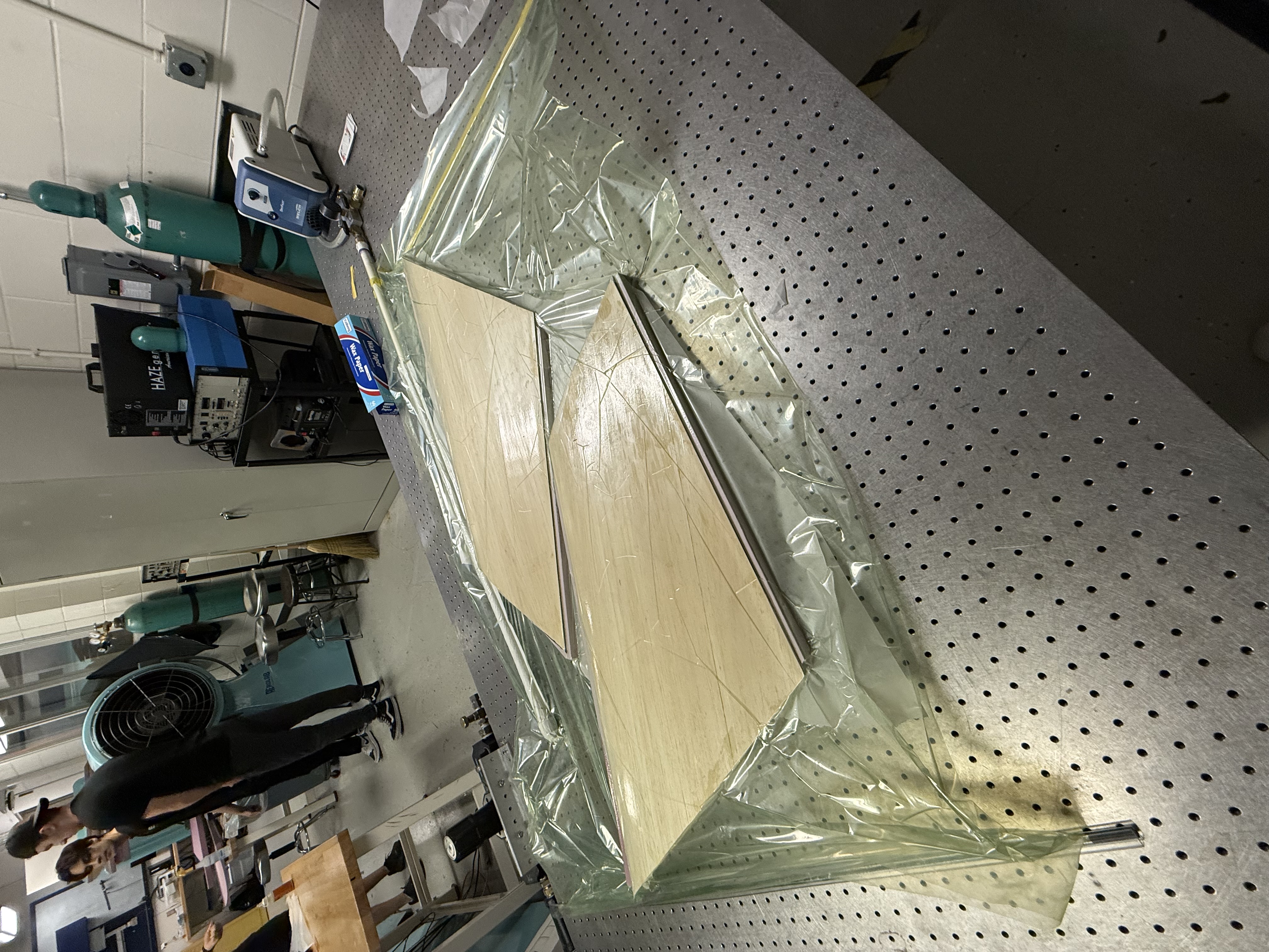 Foam core with balsa sheets inside a vacuum bag